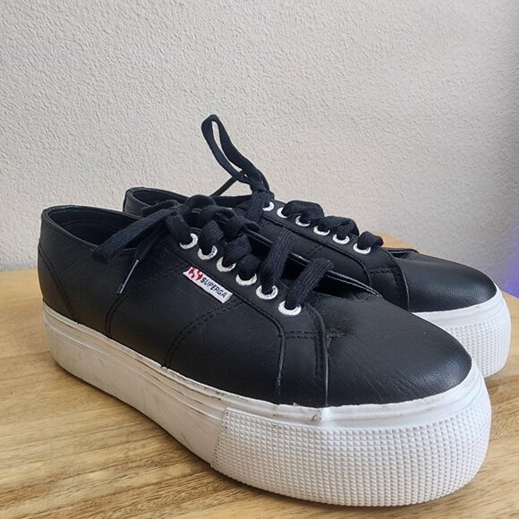 Superga 2790 Platform Leather Shoes Womens Size 8.5 Black Lace Up S00C790 - Picture 8 of 11